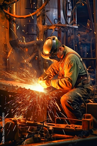Welder at work on ship building, shipyard, heavy steel structures industry, ai generative
