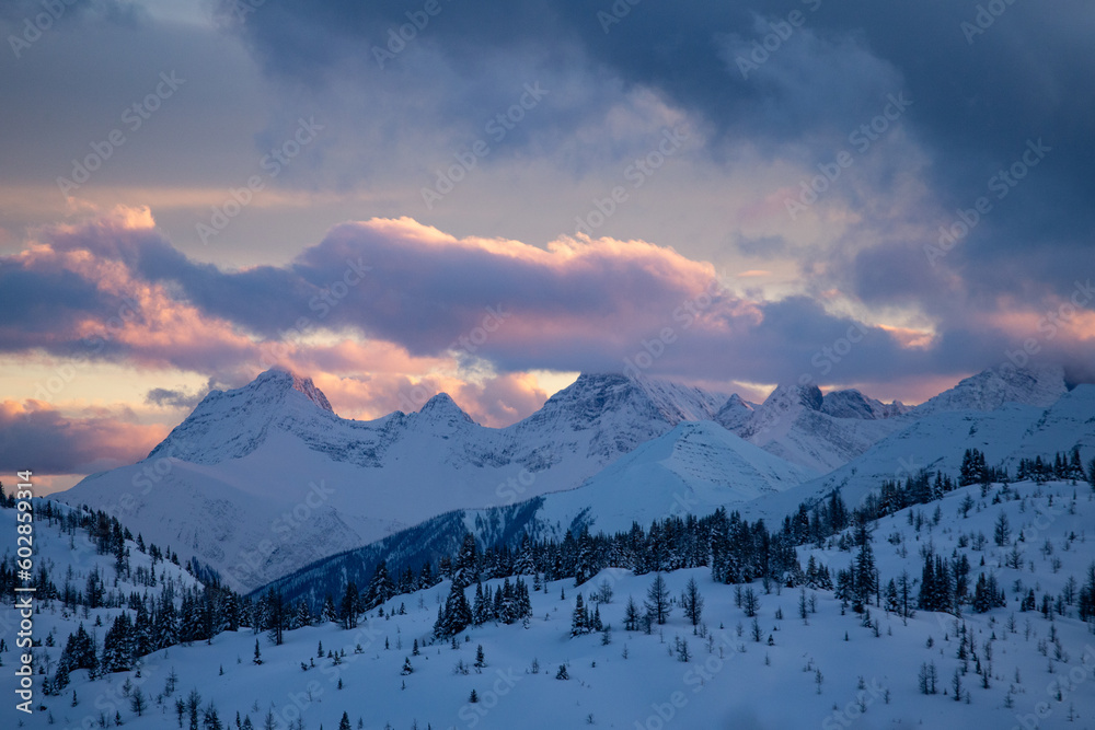 View of Mountain Range at Sunset in Banff Alberta Canada