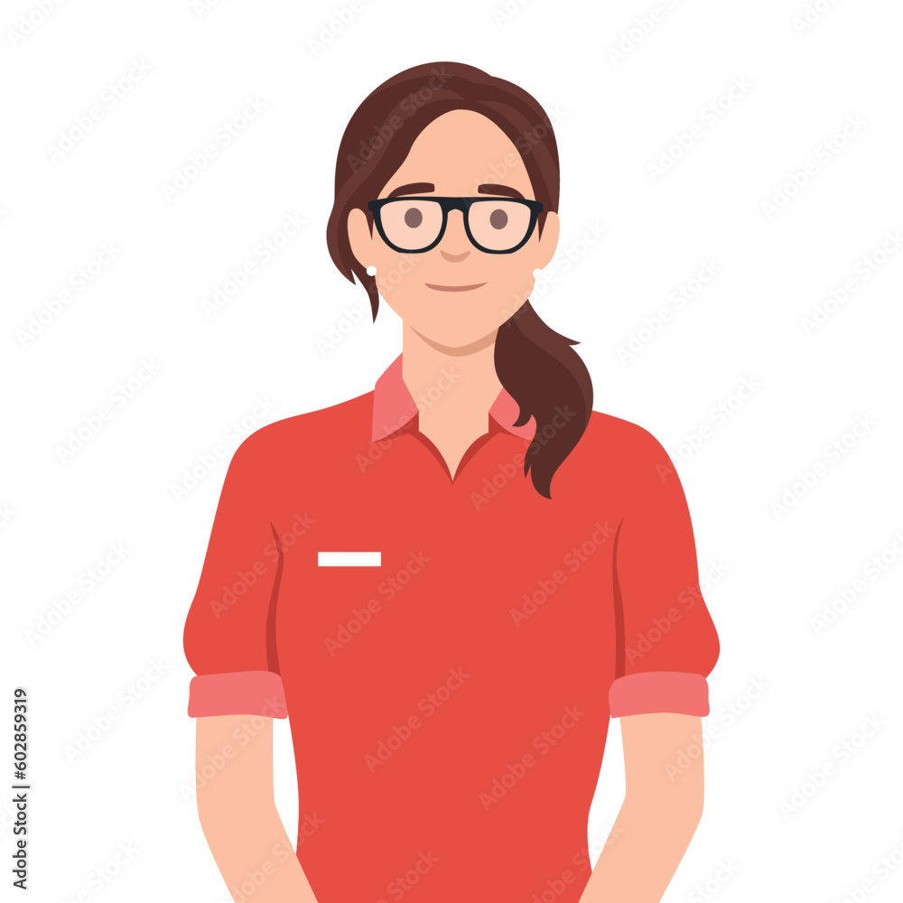 Woman cashier smiles buyer. Retail worker with uniform standing and smiling with glasses. Flat vector illustration isolated on white background Woman cashier smiles buyer. Retail worker with uniform standing and smiling with glasses. Flat vector illustration isolated on white background