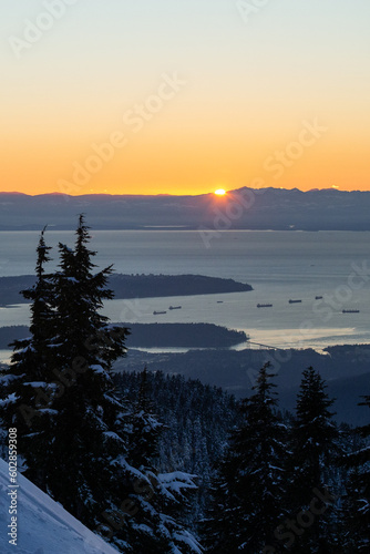 View of Vancouver Canada From Mountain Peak in Winter At Sunset