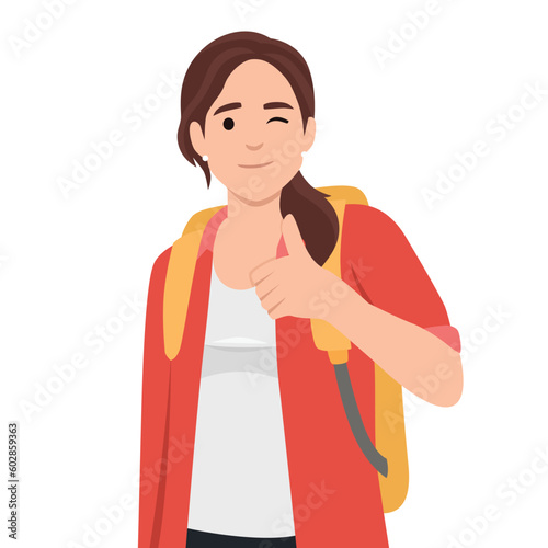 Young caucasian traveler woman giving thumb up. Full length of smiling traveler woman with thumb up. Cheerful traveler showing thumb up. Flat vector illustration isolated on white background