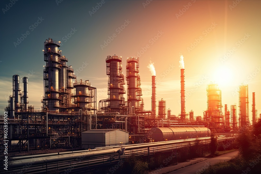 Double exposure of petrochemical plant at night. Concept of energy industry