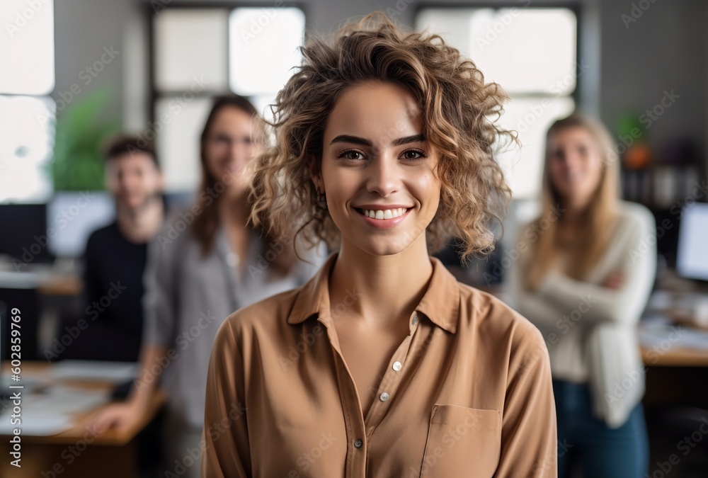 Smiling woman in the office, generative AI, Generative AI Smiling woman in the office, generative AI, Generative AI