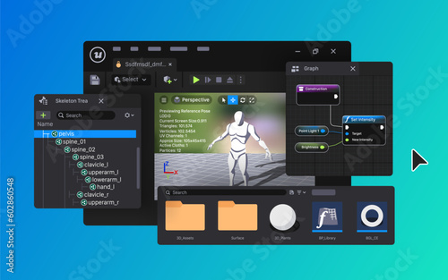 Interface 3D computer graphics Game Engine. Video games creation Software vector illustration. 

