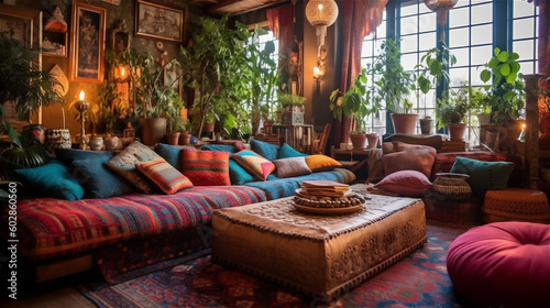 Generative AI, Bohemian Oasis: A Colorful and Eclectic Living Room