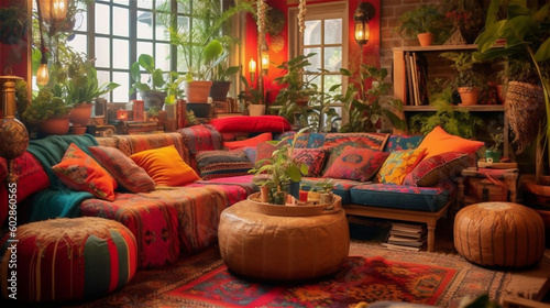 Generative AI, Bohemian Oasis: A Colorful and Eclectic Living Room © icehawk33