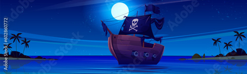 Pirate ship at night near sea island beach cartoon vector background. Full moon in sky ocean landscape with palm tree. Tropical lagoon shore skyline at nighttime and wooden boat with black skull flag.
