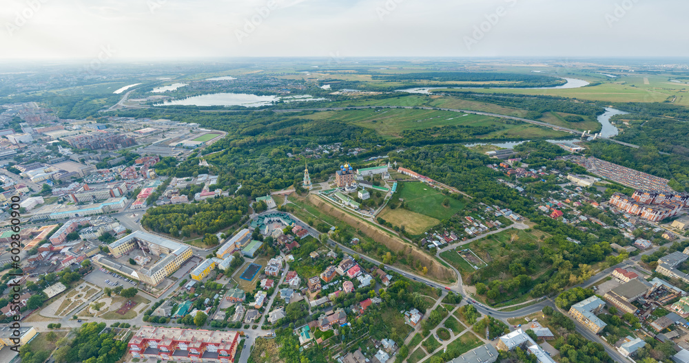 Ryazan, Russia. Ryazan Kremlin - The oldest part of the city of Ryazan. Protected meadow. Panoramic view of the city from the air. River Oka. River Turbezh. Aerial view