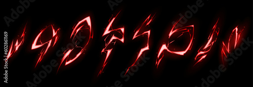 Cartoon set of red lightning strike effect isolated on black background. Vector illustration of magic power blast, laser weapon shot, electric discharge, energy flash, alien attack design element