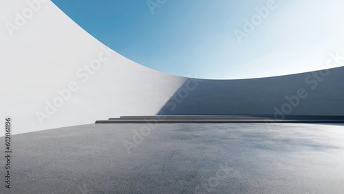 3d render of abstract modern architecture with empty concrete floor and curve wall, car presentation background.