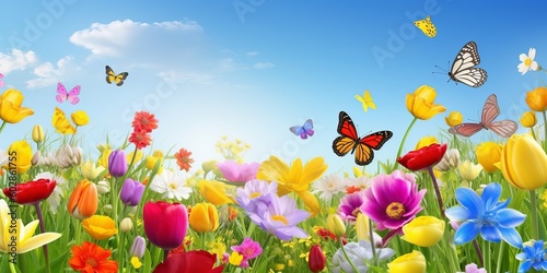 A colorful flower field, a mix of tulips, daisies, and other flowers in various shades, bees and butterflies flying around, a clear blue sky in the background, field of flowers, Generative AI