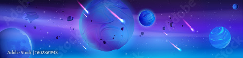 Space background with alien planets floating in sky, comets with neon light tails, rocky meteorites, stones falling. Vector cartoon illustration of cosmic adventure game universe. Dangerous galaxy