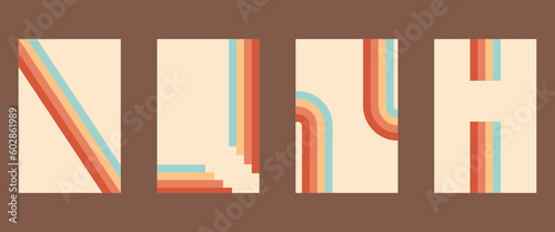 Retro groovy background collection. Geometric hippie rainbows line. Vintage retro style wallpaper with lines, rainbow wavy stripes. abstract stylish 70s era line frame illustration