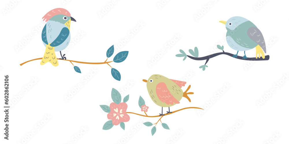 Set of funny birds on tree branch