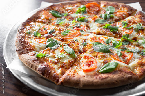 A view of a Margherita pizza pie.