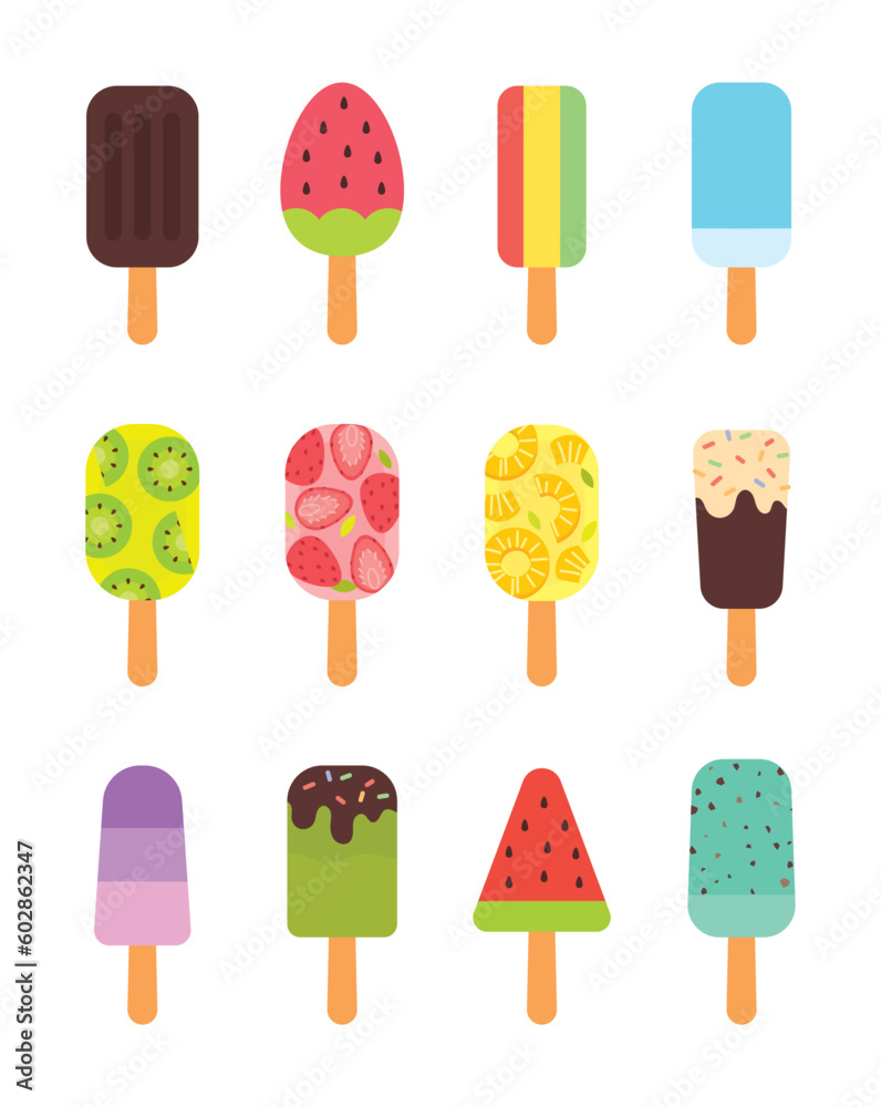 Illustration of various cute stick ice cream icons. Illustration of various cute stick ice cream icons.