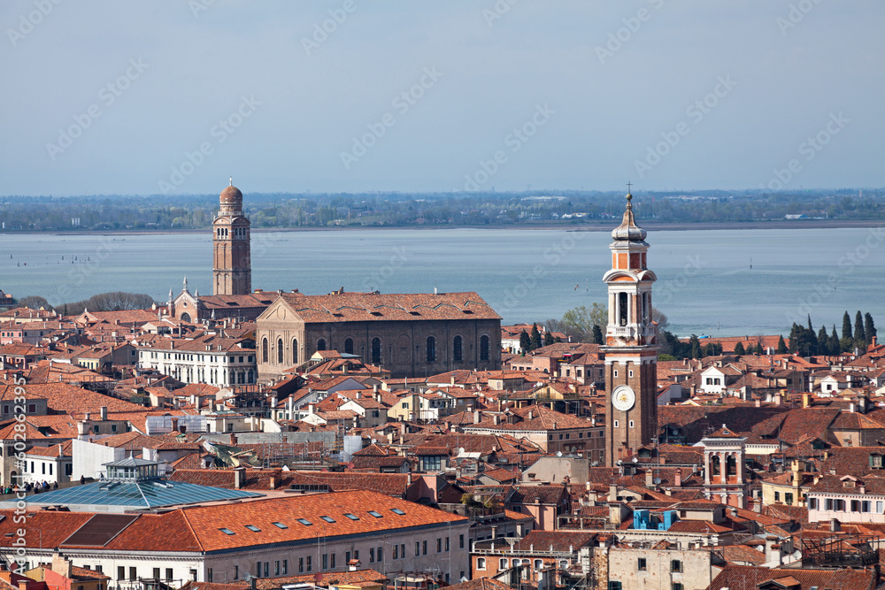 Aerial view of the campanile of the church of San Apostoli in Venice