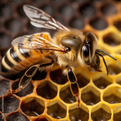 Closeup of a bee on a honeycomb Generative AI © OSProjects