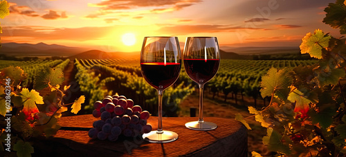 wine at sunset in the vineyard, Barrel, grape, wine bottles , glasses, ai generative photo