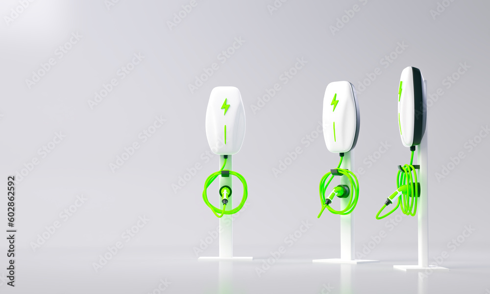electric vehicle charging stations, home and public car chargers. Realistic electromobility charging station. 3d render illustration electric vehicle charging stations, home and public car chargers. Realistic electromobility charging station. 3d render illustration