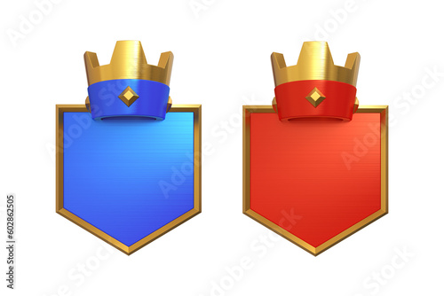Set of 3d elements. Blue and red Frame Shield with a crown on a white background, front angle. 3d render