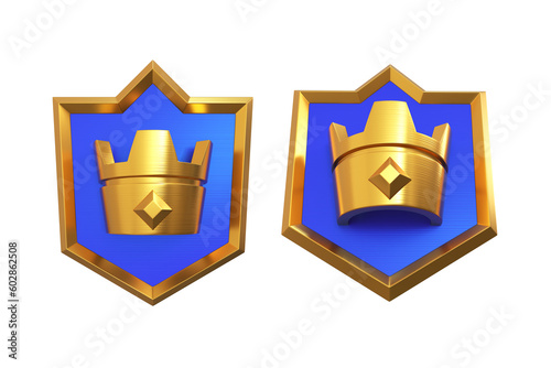 Set of 3d elements. Blue Shield with a crown on a White background, angle from front and below. 3d render