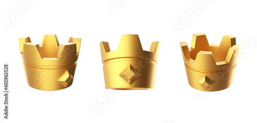 Set of golden crowns isolated on white background. 3d render