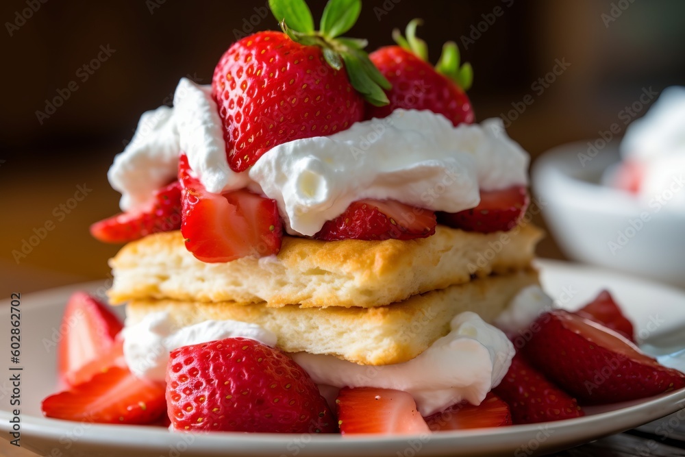 strawberry shortcake with fresh strawberries and whipped cream piled high on top. Generative ai