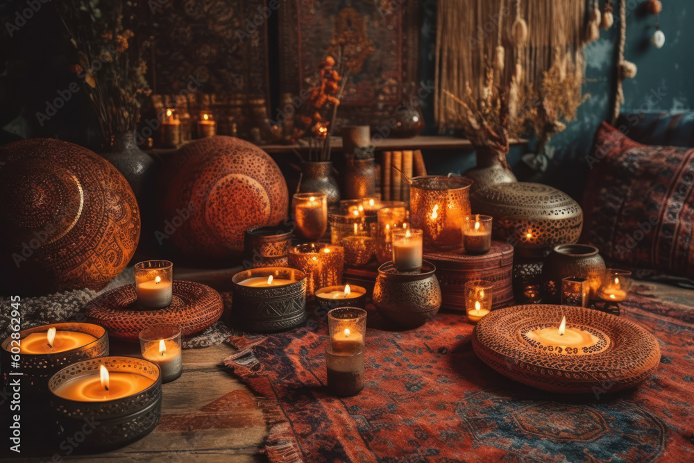 Naklejka premium Bohemian room setup Generative AI