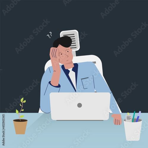 Men using laptop in flat art design character technology think or Thought doubt concept. Vector illustration
