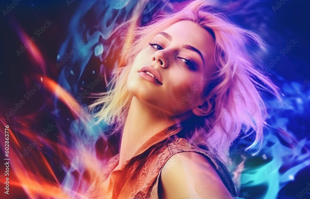AI generative. Portrait of a young pretty woman. Neon Color, double exposure. AI generative. Portrait of a young pretty woman. Neon Color, double exposure.