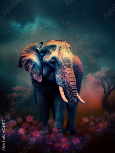 Elephant in the forest. Digital painting. Illustration. Nature. AI Generated