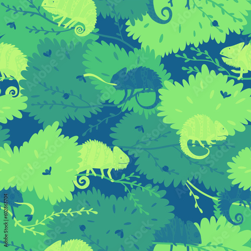 Fototapeta Naklejka Na Ścianę i Meble -  Seamless pattern of children's camouflage with chameleons on tree branches. Chameleon hunts beetles. Pattern for clothes and accessories of a boy. Flat vector illustration.