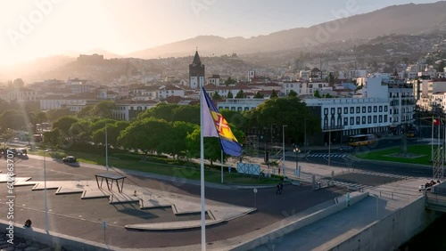 The City of Funchal in Madeira at Sunset Aerial View