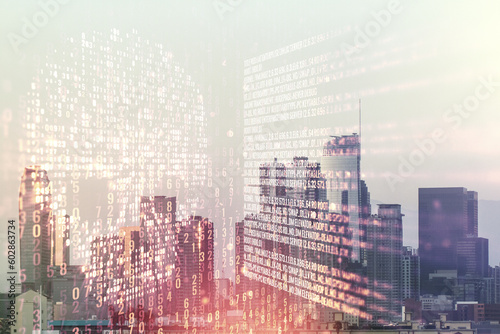 Double exposure of abstract virtual creative code skull hologram on Los Angeles city skyscrapers background. Malware and cyber crime concept