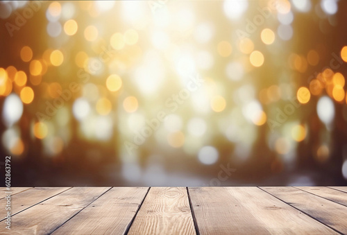 AI generative. Empty picnic table with defocused lush foliage background