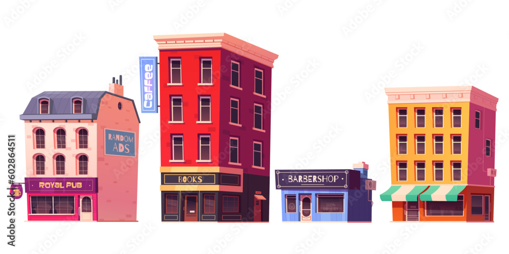 Fototapeta premium Cartoon set of city buildings isolated on white background. Vector illustration of apartment houses, pub, cafe, bookstore, grocery shop facades, ads banner template on wall. Town street constructor