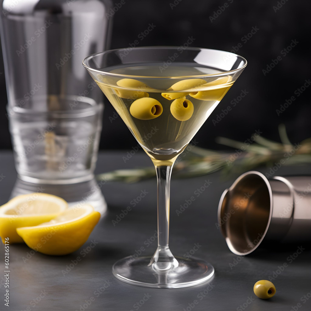 classic martini in a sophisticated glass, with olives, on dark background, Generative AI