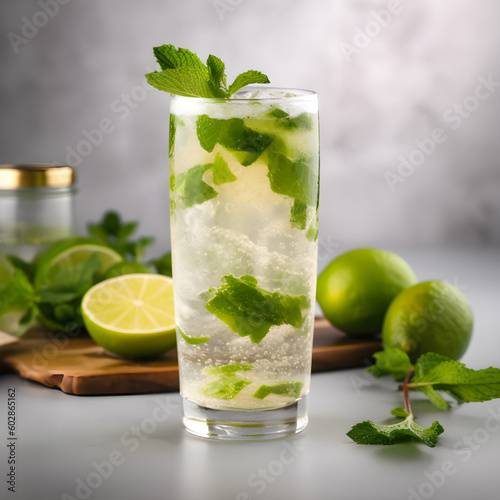 cool mojito in a traditional highball glass, with fresh mint leaves on a background of limes on a wooden board, Generative AI