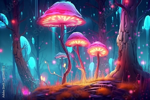 Colorful art fantasy landscape with a forest and glowing lights