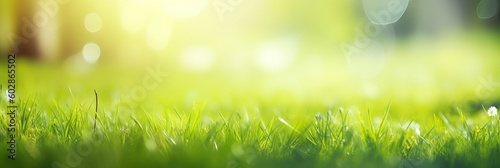 A fresh spring sunny garden background of green grass and blurred foliage bokeh, grass with dew, green grass background, green grass in the morning, green grass and sunlight, Generative AI