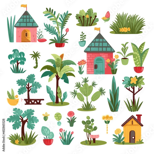 pattern with house, trees and plants set 4