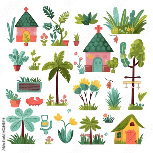 pattern with house, trees and plants set 2
