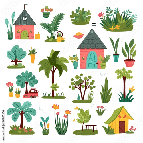 pattern with house, trees and plants set 3