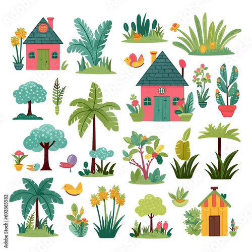 pattern with house, trees and plants set 1