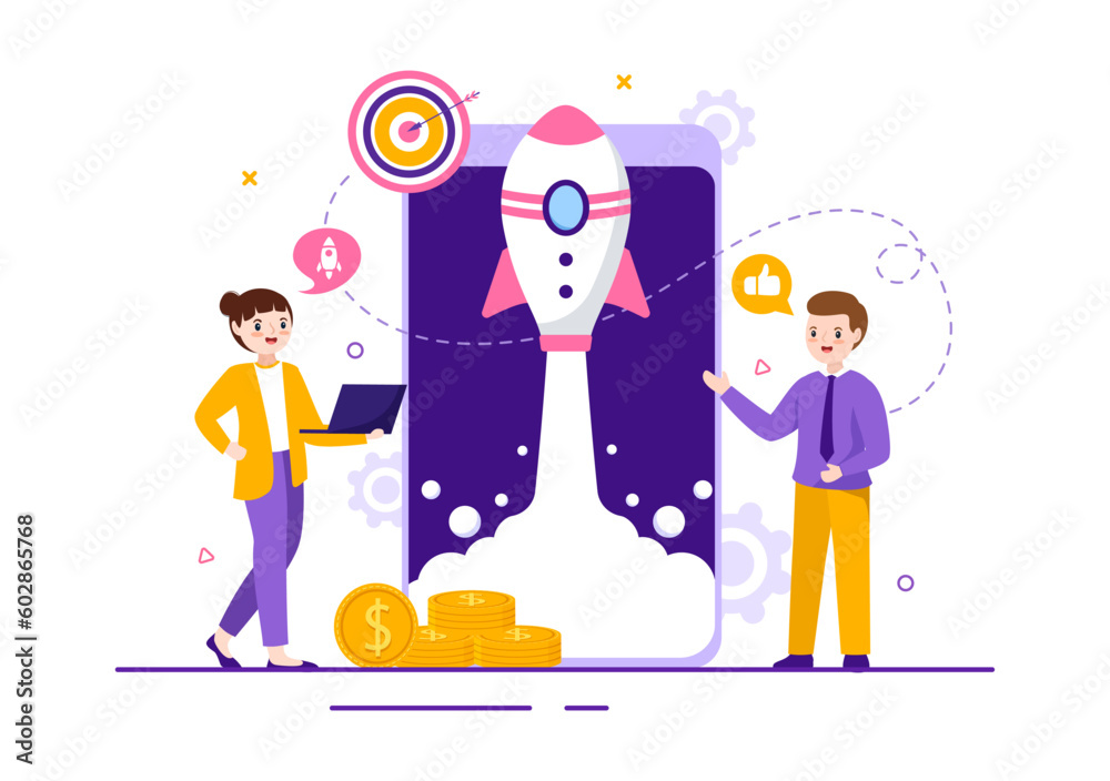 Business Boost Vector Illustration with Digital Marketing Rocket Company Career Success in Development and Profit Increase in Hand Drawn Template Business Boost Vector Illustration with Digital Marketing Rocket Company Career Success in Development and Profit Increase in Hand Drawn Template