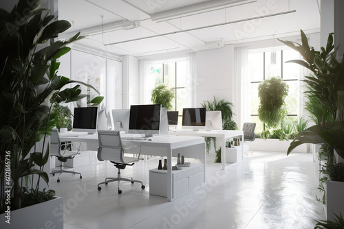 A picture of a white modern office with modern equipment. Generative ai