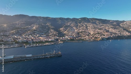 Funchal The Largest City in Madeira Aerial View at Sunset