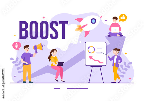 Business Boost Vector Illustration with Digital Marketing Rocket Company Career Success in Development and Profit Increase in Hand Drawn Template