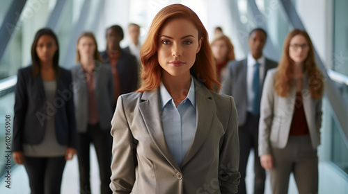 Portrait of confident businesswoman standing in corridor with colleagues in background
